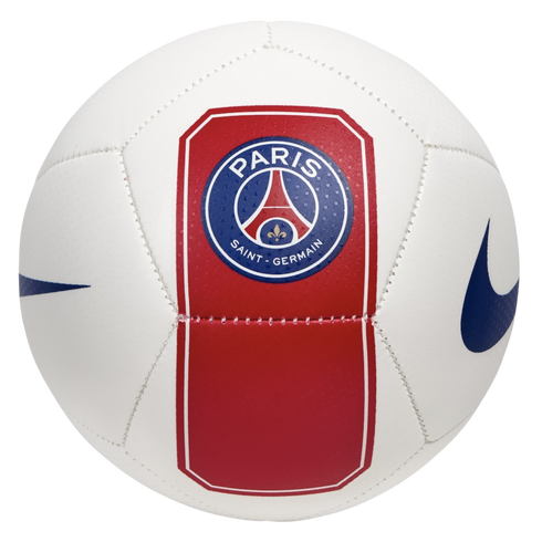 White Nike soccer ball featuring the Paris Saint-Germain crest on a central red stripe and a blue swoosh on the side.