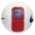 White Nike soccer ball featuring the Paris Saint-Germain crest on a central red stripe and a blue swoosh on the side.
