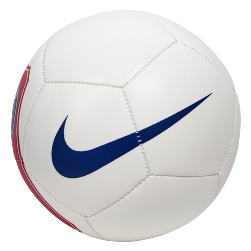 White soccer ball with a blue Nike swoosh. A red team crest is partially visible on the left side.