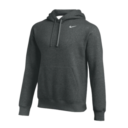 Dark grey heathered Nike hoodie featuring a small white swoosh logo, hood with drawstrings, and a front kangaroo pocket.