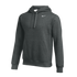 Dark grey heathered Nike hoodie featuring a small white swoosh logo, hood with drawstrings, and a front kangaroo pocket.