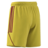 Rear side view of bright yellow athletic shorts featuring three vertical maroon stripes and maroon diagonal trim on the leg.