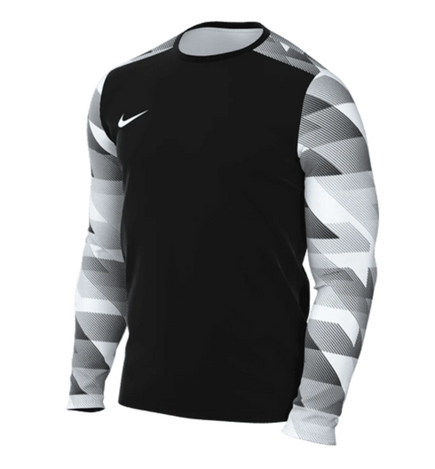 Nike long-sleeved athletic shirt with a black torso and gray and white geometric patterned sleeves.