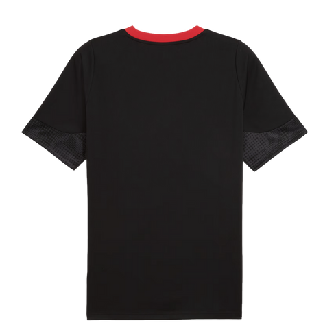 Back view of a black short-sleeved t-shirt with a red crew neck and subtle black patterned detailing on the sleeve cuffs.