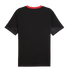 Back view of a black short-sleeved t-shirt with a red crew neck and subtle black patterned detailing on the sleeve cuffs.
