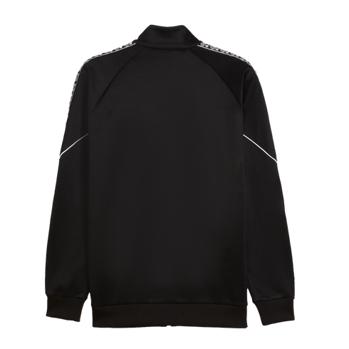 Back view of a black track jacket featuring white patterned tape along the shoulders and sleeves, a mock neck, and ribbed cuffs and hem.