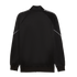Back view of a black track jacket featuring white patterned tape along the shoulders and sleeves, a mock neck, and ribbed cuffs and hem.