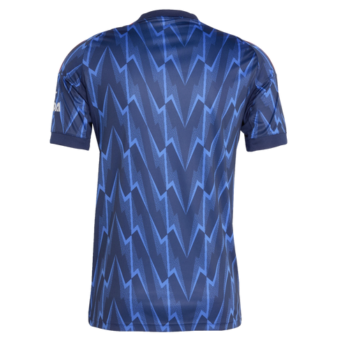 The back of a navy blue short-sleeved sports jersey featuring a light blue repeating lightning bolt pattern.