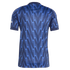 The back of a navy blue short-sleeved sports jersey featuring a light blue repeating lightning bolt pattern.