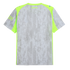 Back view of a grey Puma athletic shirt with a water droplet pattern and lime green accents on the shoulders and sides.