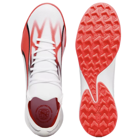 Top and bottom views of a white Puma athletic shoe featuring vibrant red graphic accents and a textured red rubber sole for traction.