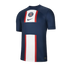 Navy blue Nike Paris Saint-Germain home jersey with a large central white vertical stripe bordered by thin red lines, featuring the club crest and Nike swoosh on the chest.