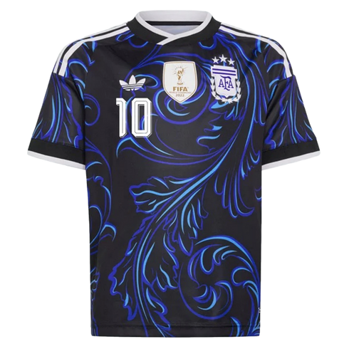 A black Argentina soccer jersey with a blue floral swirl pattern. It features the FIFA World Champions 2022 patch, the AFA crest with three stars, the number 10, and white Adidas stripes.
