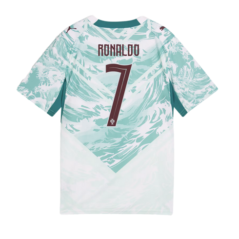 The back of a white and teal Portugal soccer jersey featuring a wavy, abstract pattern and the name "RONALDO" above a large number "7" in dark burgundy.