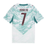The back of a white and teal Portugal soccer jersey featuring a wavy, abstract pattern and the name "RONALDO" above a large number "7" in dark burgundy.