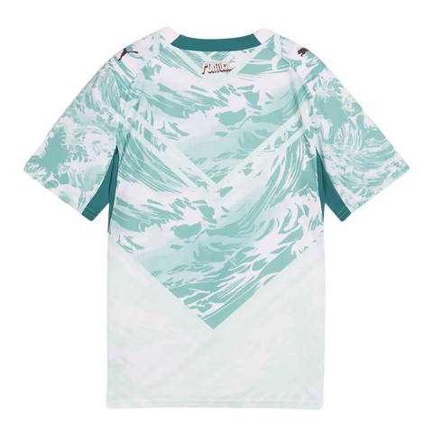 Back view of a white and teal Portugal jersey, featuring a wavy, surf-inspired pattern forming a large chevron shape on the back. The jersey has a solid teal collar and "PORTUGAL" printed just below the neckline. Small burgundy Puma logos are visible on e
