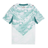 Back view of a white and teal Portugal jersey, featuring a wavy, surf-inspired pattern forming a large chevron shape on the back. The jersey has a solid teal collar and "PORTUGAL" printed just below the neckline. Small burgundy Puma logos are visible on e