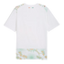 A back view of a white soccer jersey featuring a small orange, white, and green flag on the back of the neck. Light green and gold floral patterns decorate the shoulders and bottom hem, with gold Puma logos on each shoulder.