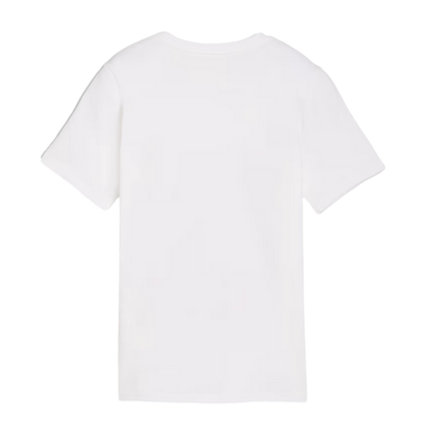 The back of a plain white short-sleeved T-shirt against a solid black background.