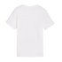 The back of a plain white short-sleeved T-shirt against a solid black background.