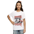 Young girl wearing a white Christian Pulisic graphic t-shirt and blue jeans, standing against a black background.