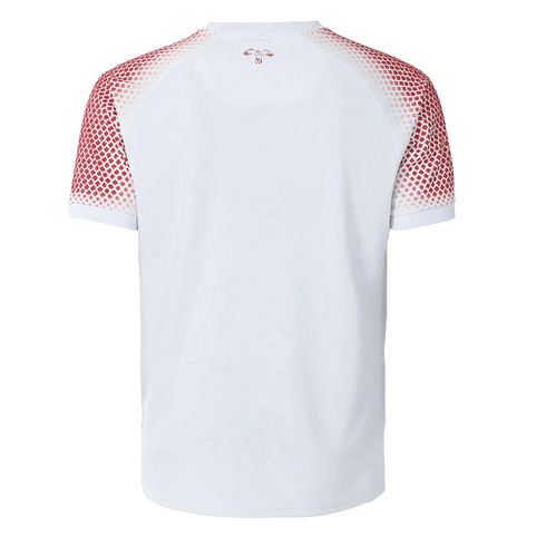 Back view of a white short-sleeved jersey featuring a red diamond-grid pattern on the shoulders and sleeves, and a small red eagle logo on the back neck.