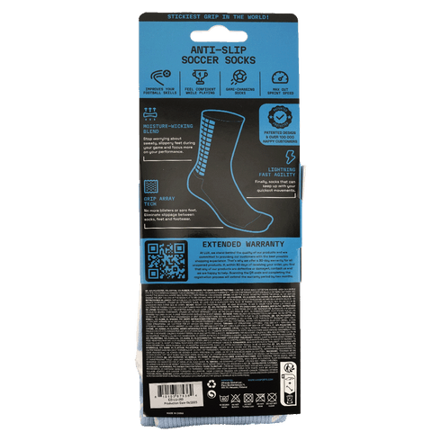 Back of LUX Anti-Slip Soccer Socks packaging featuring feature icons, a sock illustration, care instructions, and a QR code for an extended warranty.