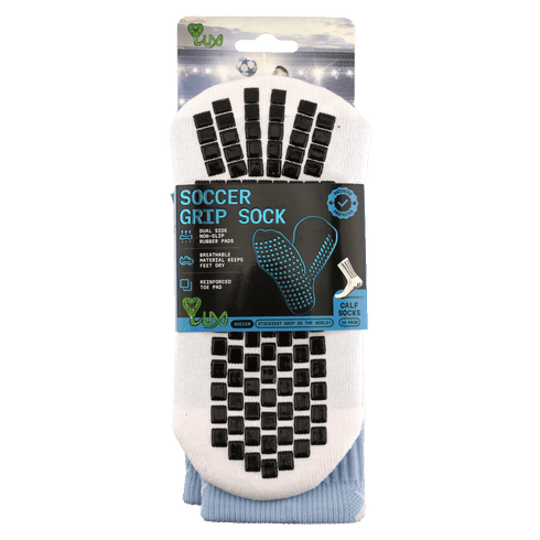 A package of white LUX soccer grip socks with black rectangular non-slip rubber pads on the sole and light blue calf material, shown against a white background.