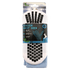 A package of white LUX soccer grip socks with black rectangular non-slip rubber pads on the sole and light blue calf material, shown against a white background.