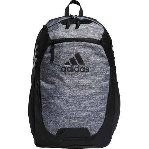 Adidas backpack with a grey heathered front, black sides, and a large black logo in the center. Features multiple zippered pockets.