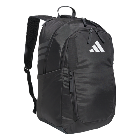 A black Adidas backpack with a white logo, featuring multiple zippered compartments and adjustable shoulder straps.