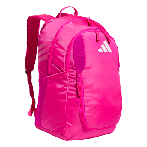 A bright pink Adidas backpack with multiple zippered compartments and a white logo on the front.