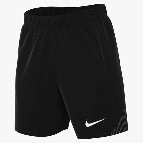 Black Nike athletic shorts with an elastic waistband, a white swoosh on the leg, and a subtle vertical line pattern on the side.