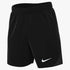 Black Nike athletic shorts with an elastic waistband, a white swoosh on the leg, and a subtle vertical line pattern on the side.