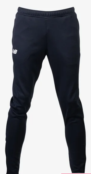 Navy blue New Balance tapered sweatpants with a small white logo on the left thigh, shown from the front against a plain white background.