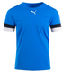 Bright blue Puma short-sleeved t-shirt with a white cat logo and black and white striped bands at the cuffs.