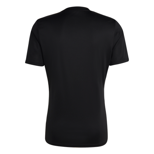 Rear view of a black short-sleeved sports jersey with perforated mesh sleeves and white side stripes, displayed against a white background.