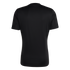 Rear view of a black short-sleeved sports jersey with perforated mesh sleeves and white side stripes, displayed against a white background.