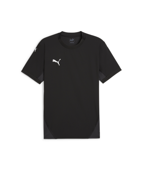 Black Puma short-sleeve athletic t-shirt with white logos on the chest and sleeve, and dark gray side panels.