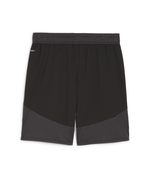 A pair of black athletic shorts with grey mesh panels on the lower sides and an elastic waistband, shown against a white background.