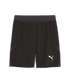 Black Puma athletic shorts with a white leaping cat logo on the left leg and gray side inserts.