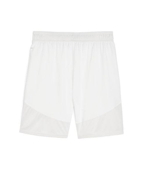 A pair of white athletic shorts with an elastic waistband and mesh panels along the lower half of the legs, shown against a white background.