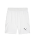 White Puma athletic shorts with a black logo on the right leg, mesh side panels, and an elastic waistband.