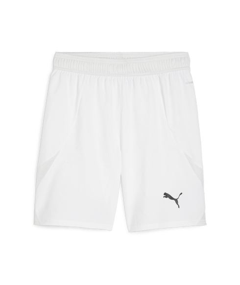 A pair of white Puma athletic shorts featuring a black logo on the lower right leg and an elastic waistband.