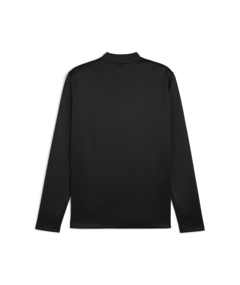 Back view of a plain black long-sleeved shirt with a mock neck collar against a black background.