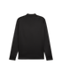 Back view of a plain black long-sleeved shirt with a mock neck collar against a black background.