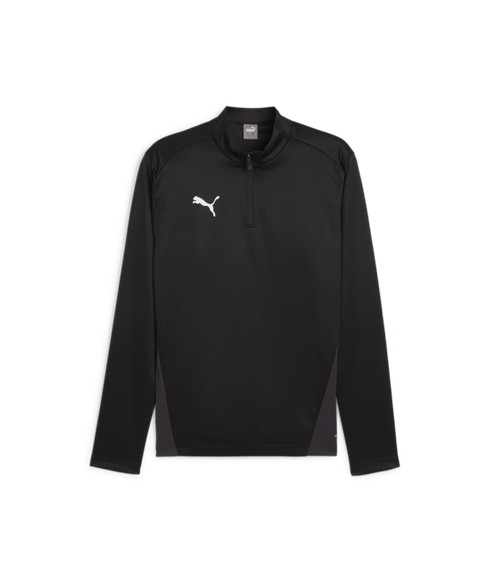 A black Puma long-sleeve quarter-zip athletic top featuring a white logo on the chest and grey side panels, shown against a black background.