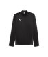 A black Puma long-sleeve quarter-zip athletic top featuring a white logo on the chest and grey side panels, shown against a black background.