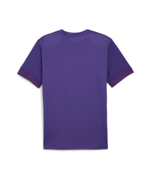 Back view of a purple short-sleeved athletic t-shirt with darker purple sleeve cuffs on a white background.