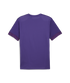 Back view of a purple short-sleeved athletic shirt featuring darker purple trim on the sleeve cuffs and a textured, breathable fabric.
